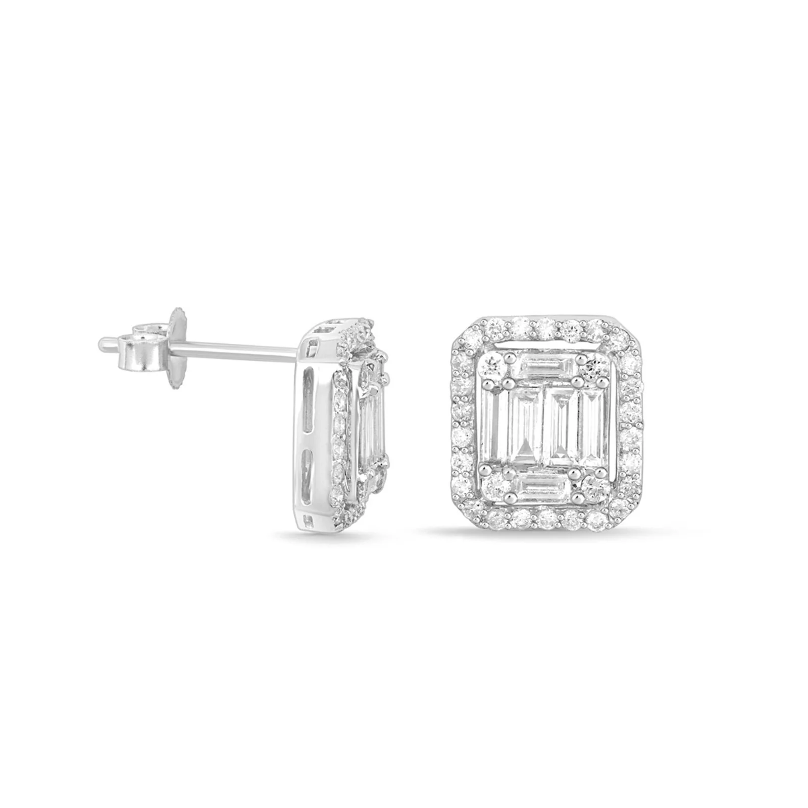 White Gold Jumbo Baguette Diamond Halo Stud