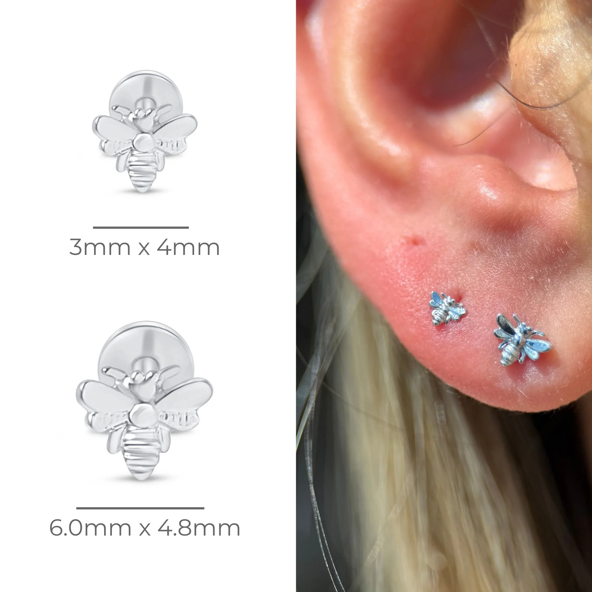 White Gold Bee Threaded Flat Back Earring - Image 12