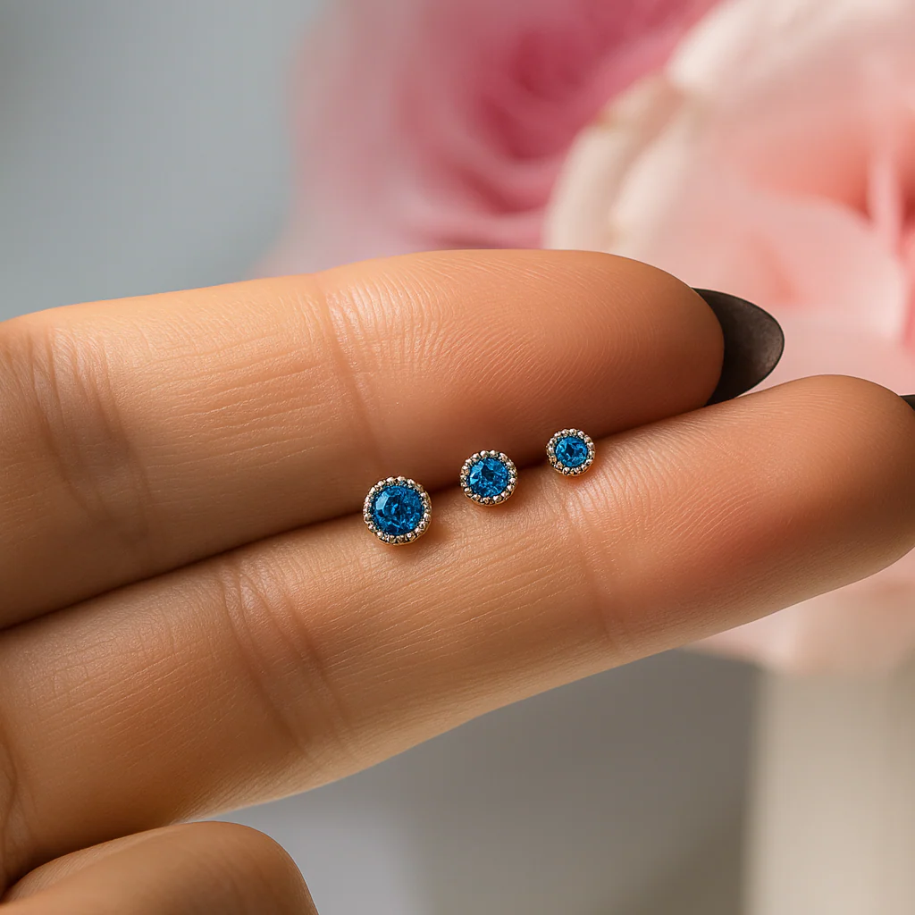 Yellow Gold Blue Topaz Milgrain Set Flat Back Earring - Image 2