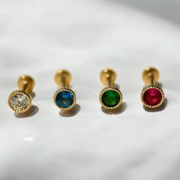 Yellow Gold Blue Topaz Milgrain Set Flat Back Earring - Image 5