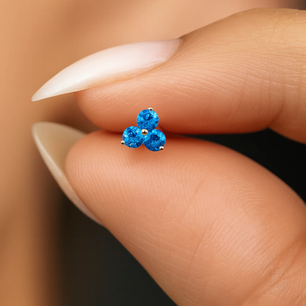 Yellow Gold Blue Topaz Trinity Cluster Flat Back Earring - Image 5