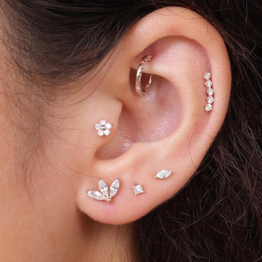 White Gold Gemstone Marquise Lotus Flat Back Earring - Image 2