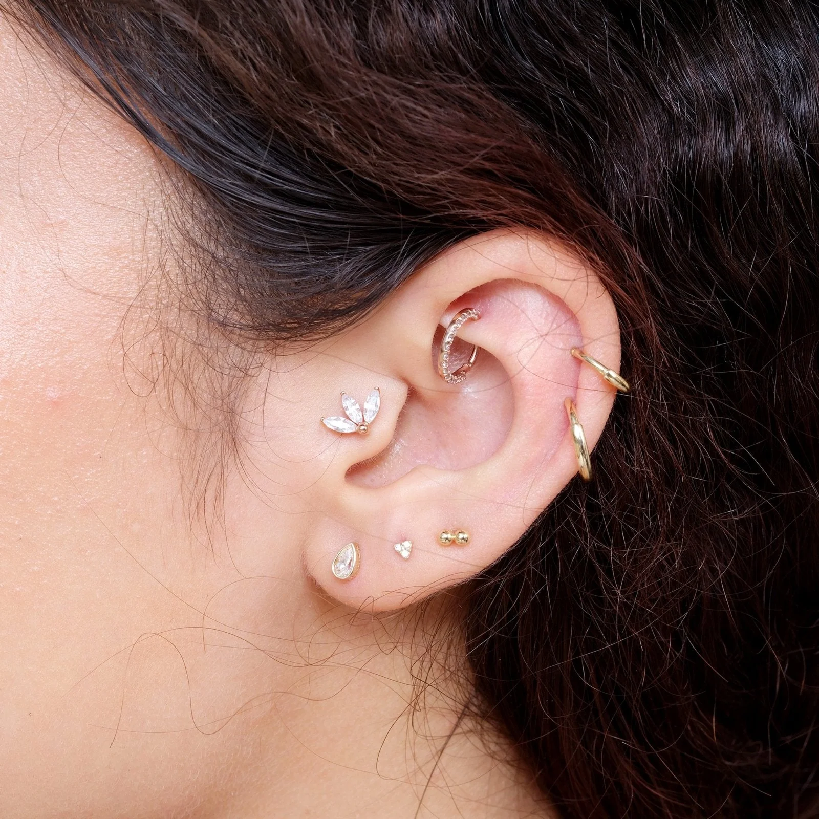 White Gold Gemstone Marquise Lotus Flat Back Earring - Image 4