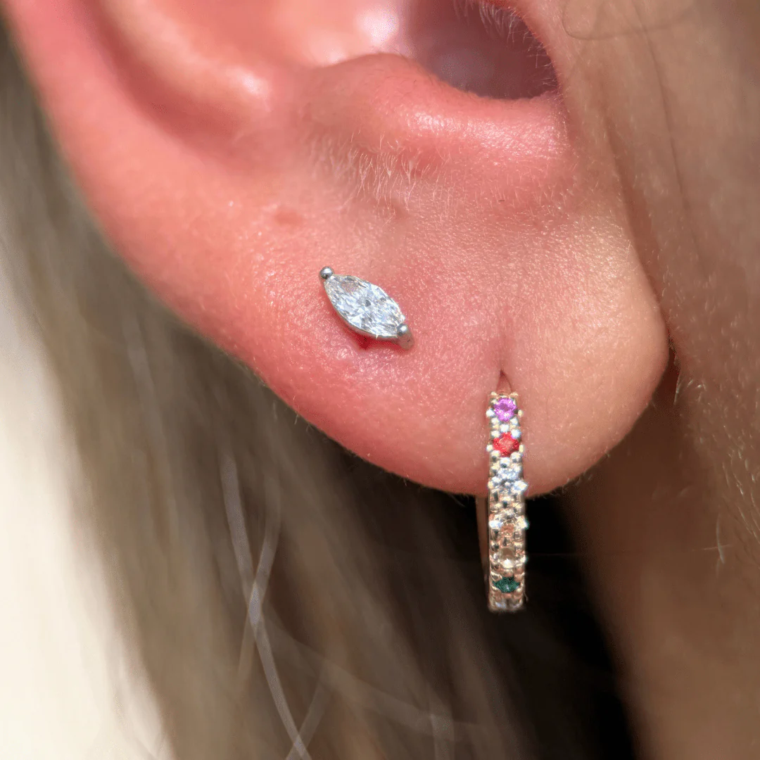 White Gold Marquise Stone Threaded Flat Back Earring - Image 3