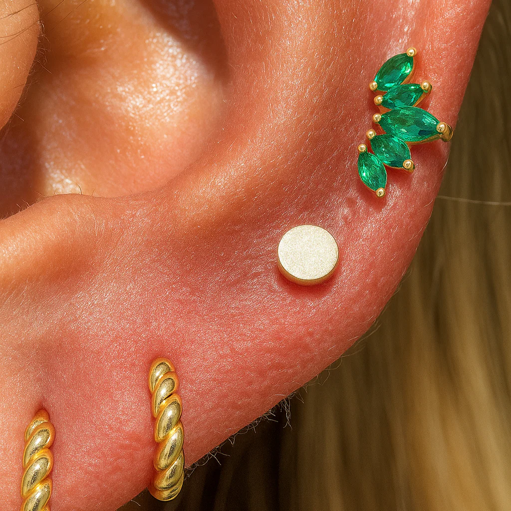 Yellow Gold Emerald Lotus Flat Back Earring - Image 2