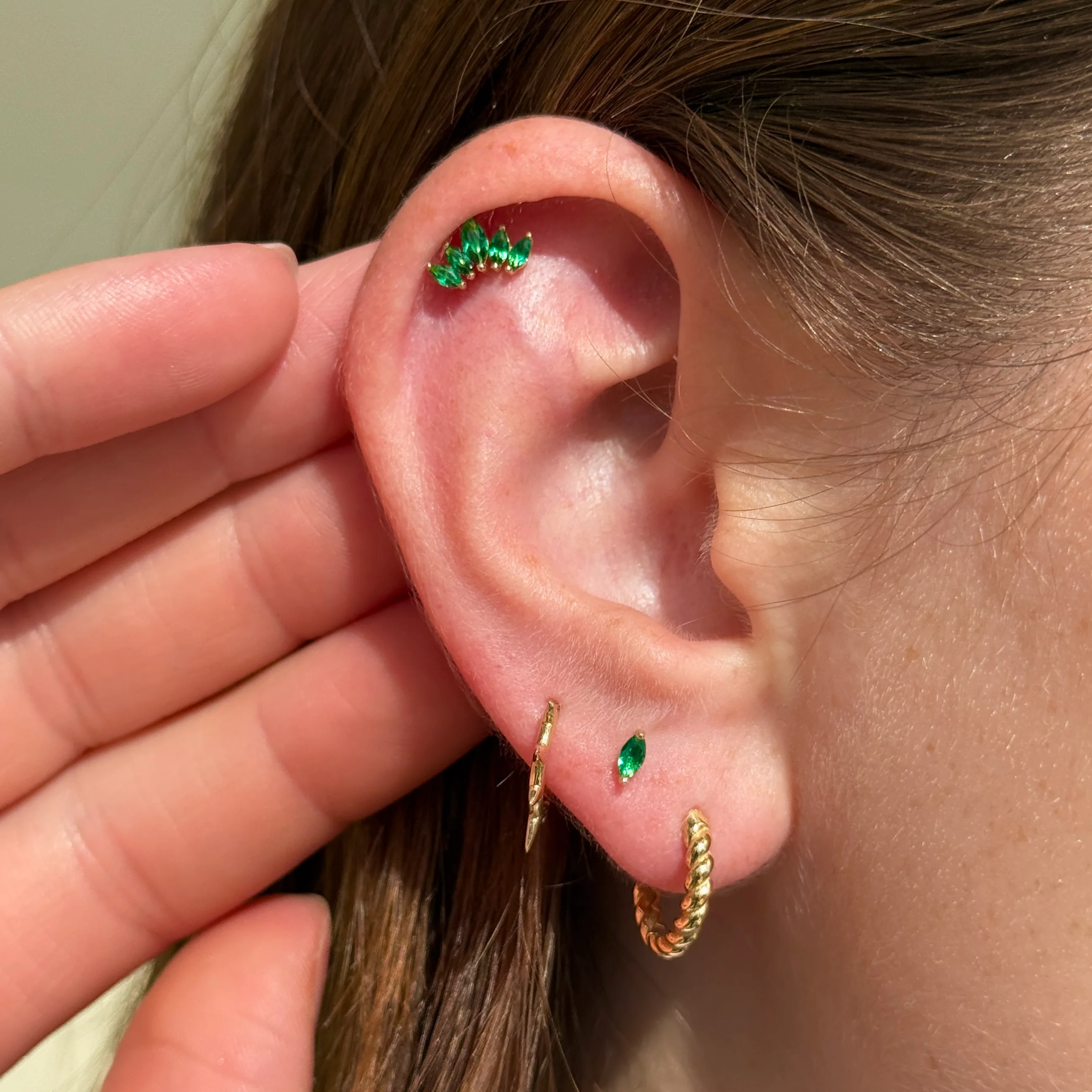 Yellow Gold Marquise Emerald Flat Back Stud Earring - Image 8