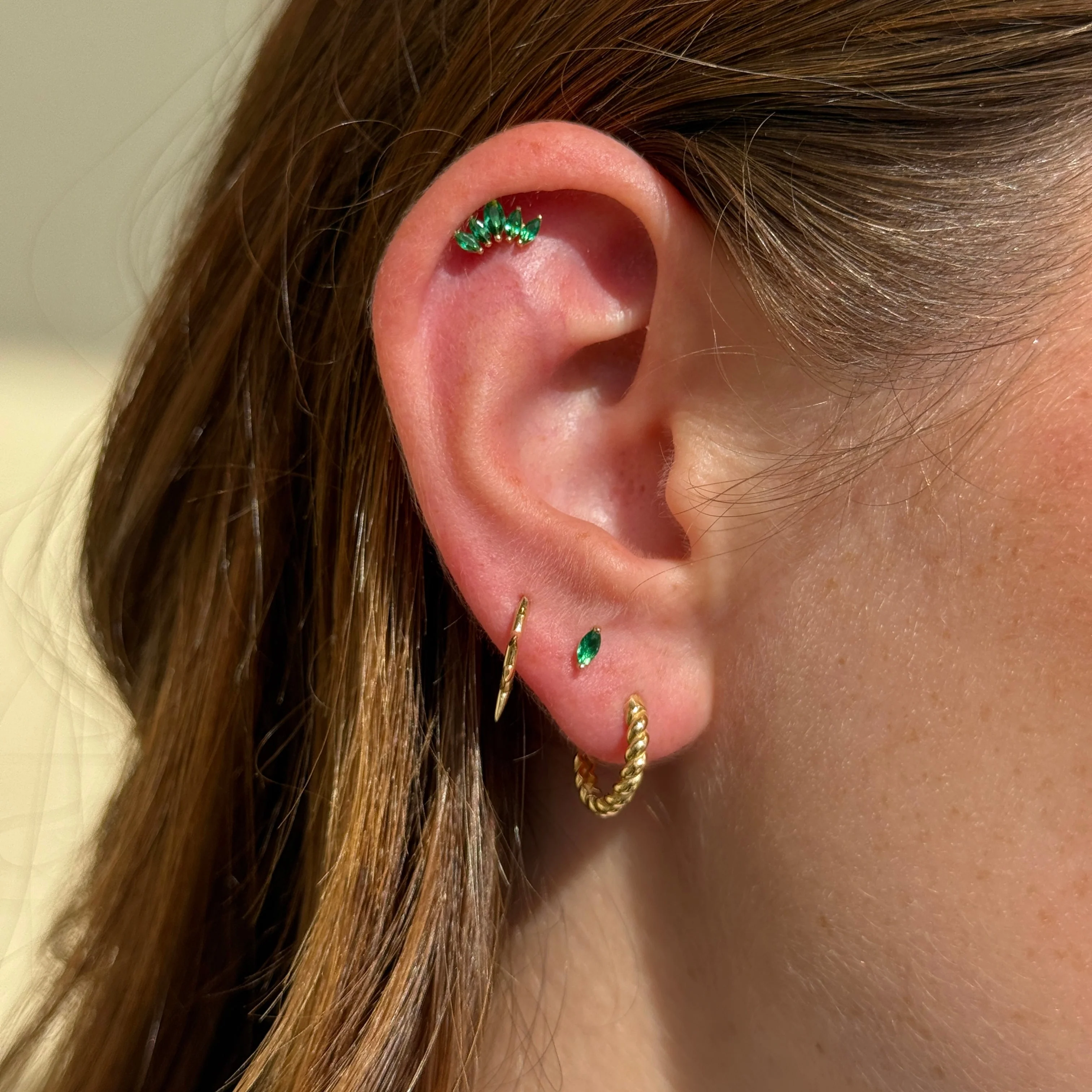 Yellow Gold Marquise Emerald Flat Back Stud Earring - Image 4