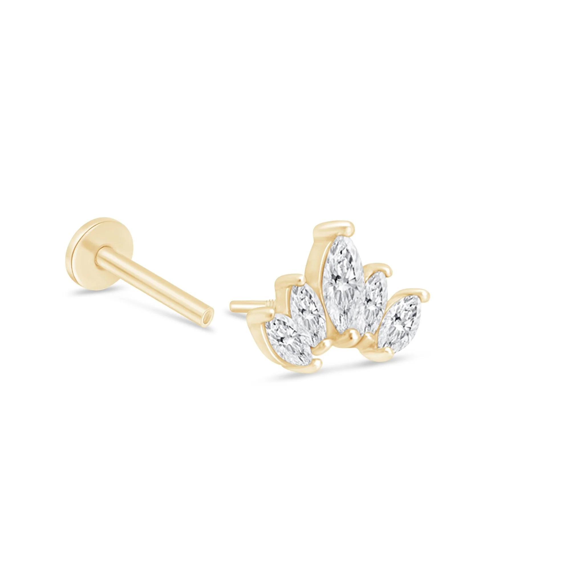Yellow Gold Marquise Five Petal Lotus Flat Back Earring - Image 6
