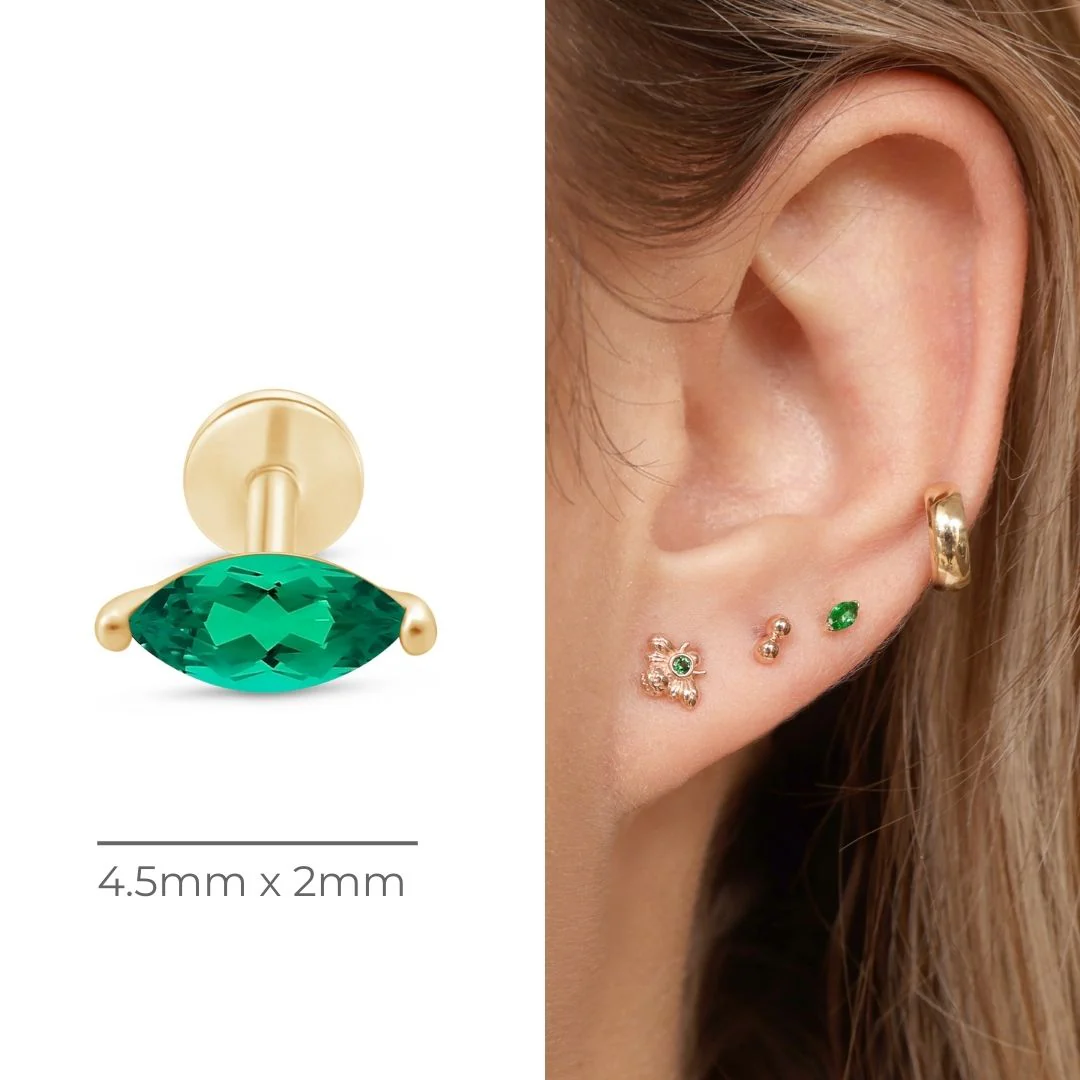 Yellow Gold Marquise Emerald Flat Back Stud Earring - Image 11