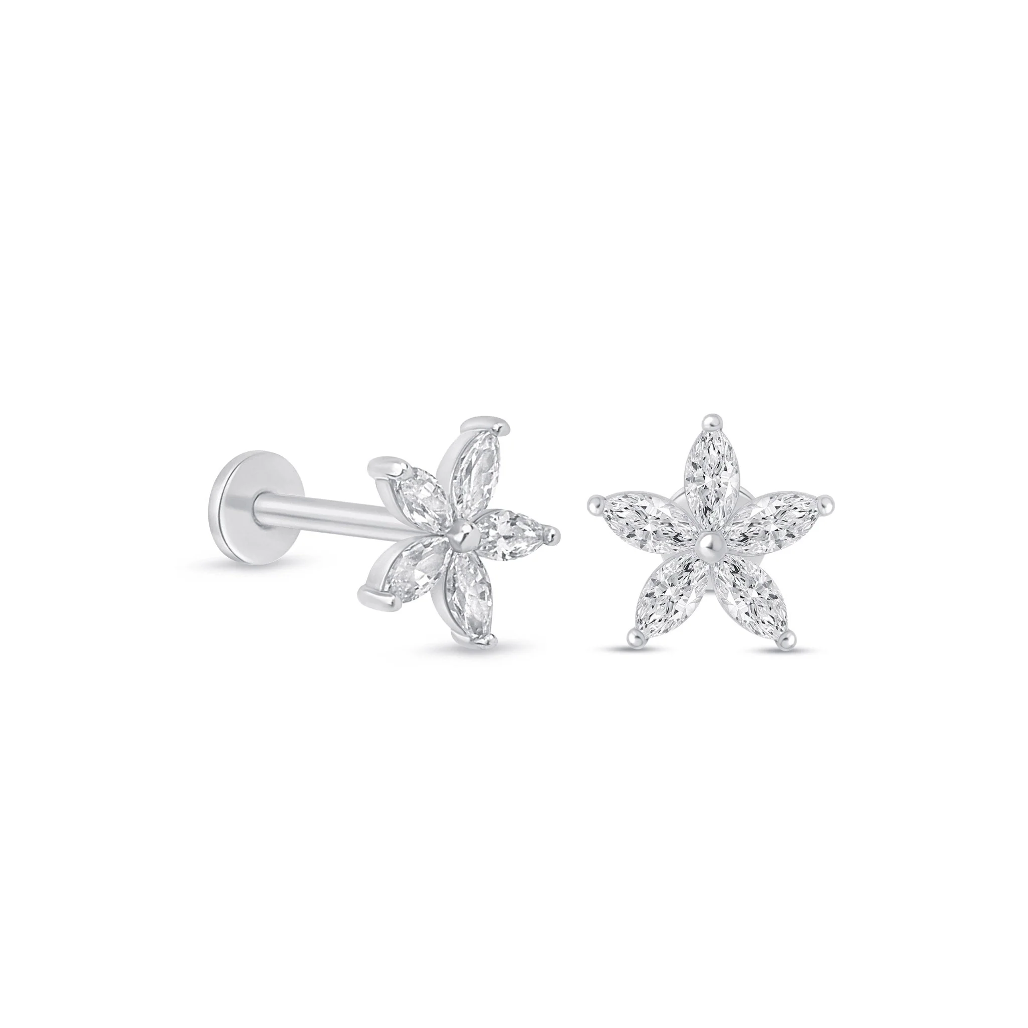 White Gold Marquise Flower Flat Back Earring - Image 11