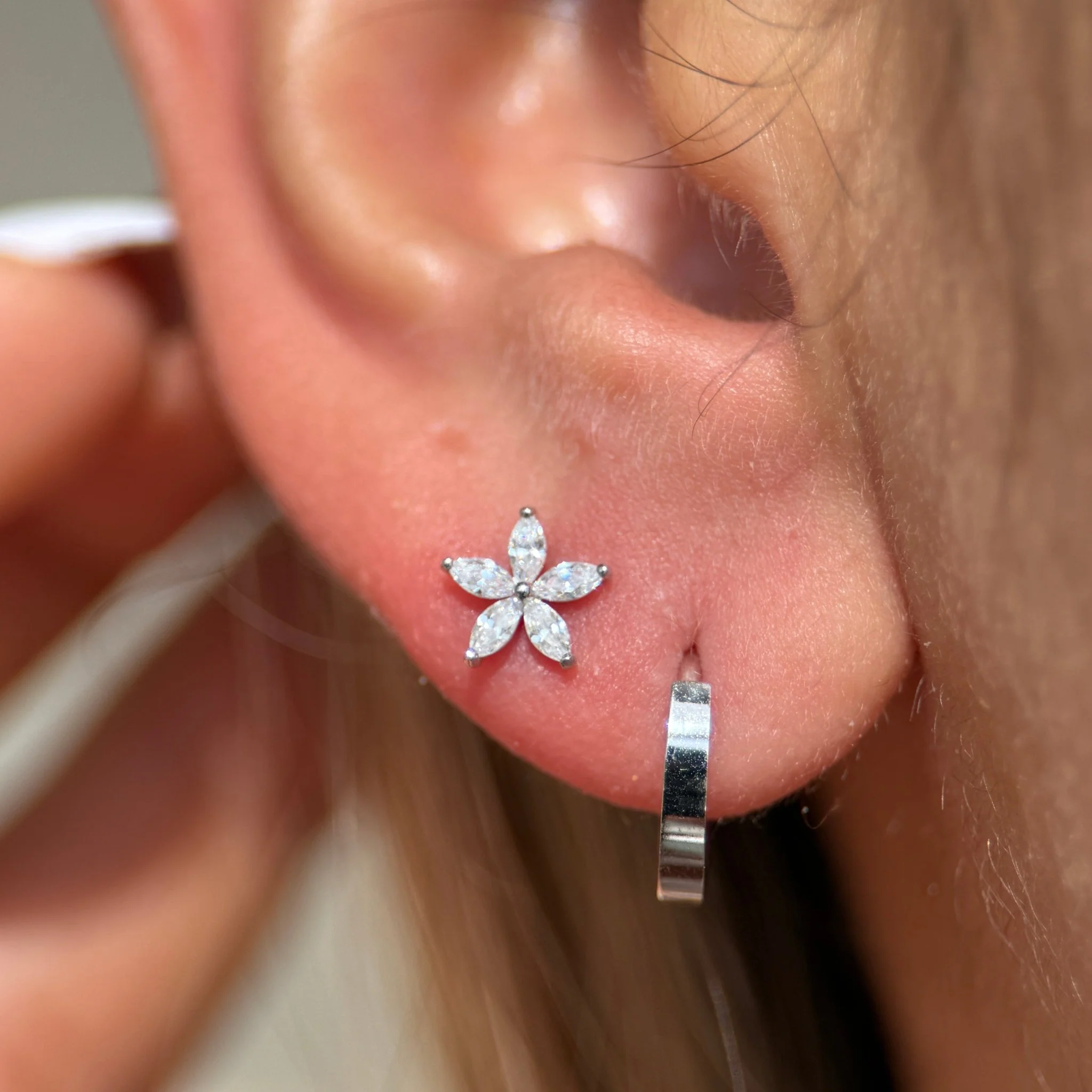 White Gold Marquise Flower Flat Back Earring - Image 3