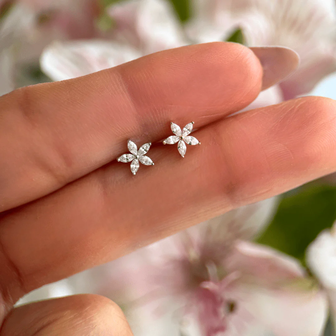 White Gold Marquise Flower Flat Back Earring - Image 4