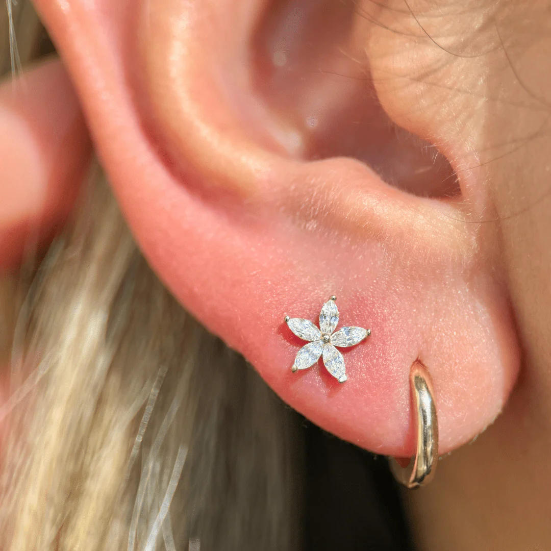 White Gold Marquise Flower Flat Back Earring - Image 9