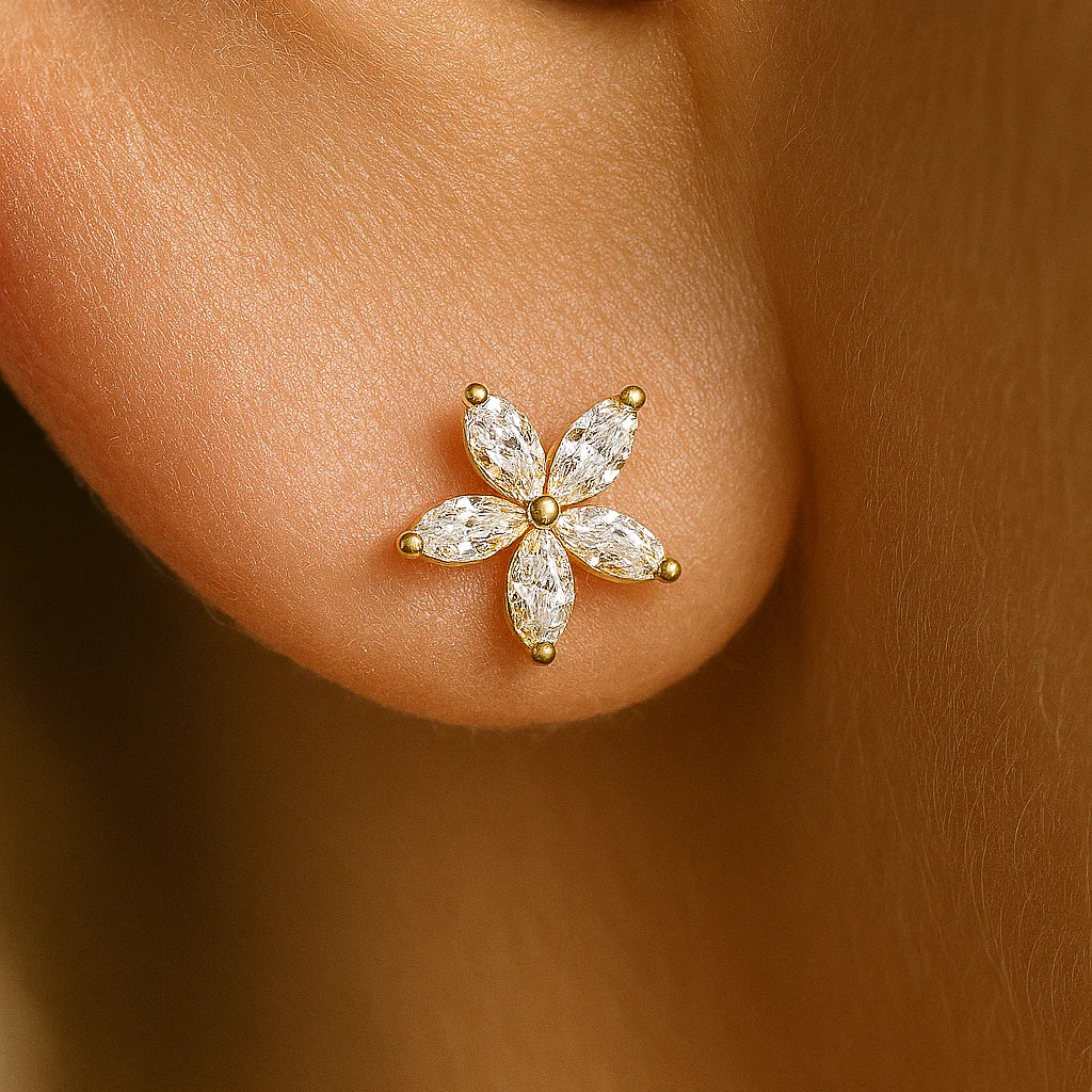 Yellow Gold Marquise Flower Flat Back Earring - Image 2