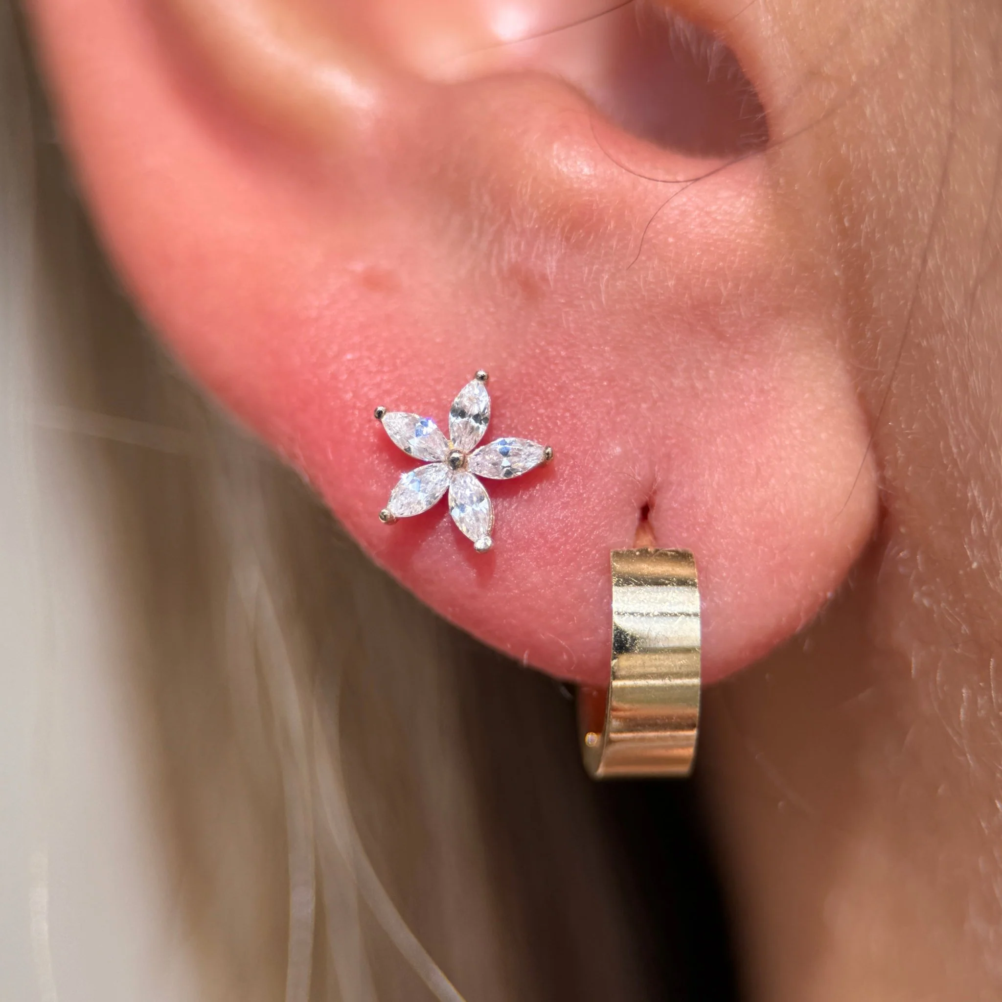 Yellow Gold Marquise Flower Flat Back Earring - Image 5