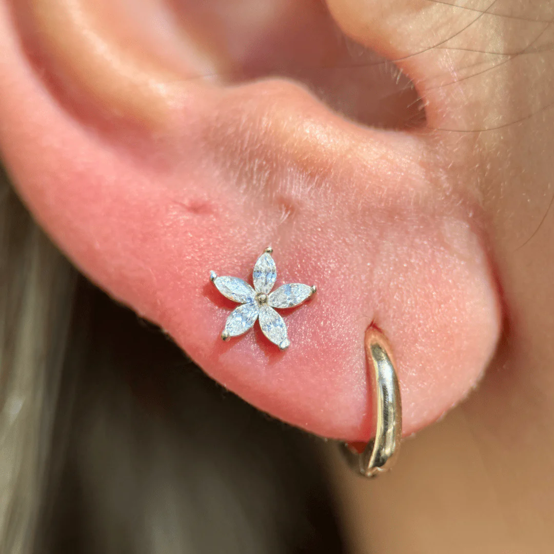 Yellow Gold Marquise Flower Flat Back Earring - Image 7