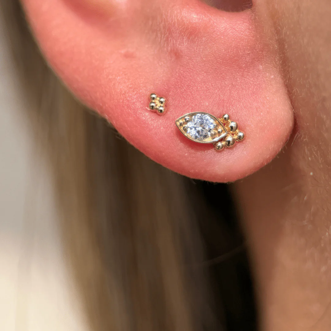 White Gold Beaded Marquise Flat Back Earring - Image 2