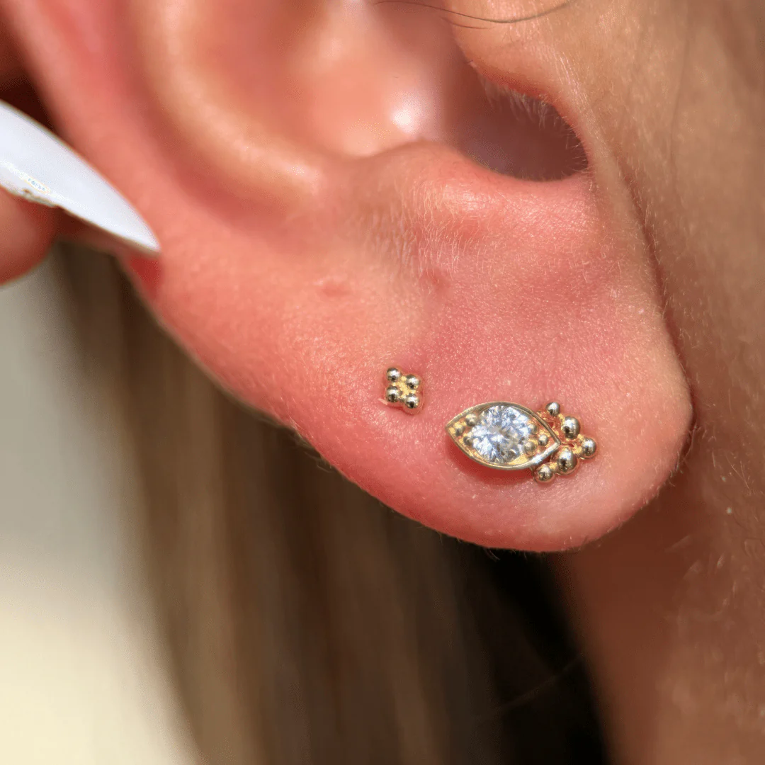 White Gold Beaded Marquise Flat Back Earring - Image 4