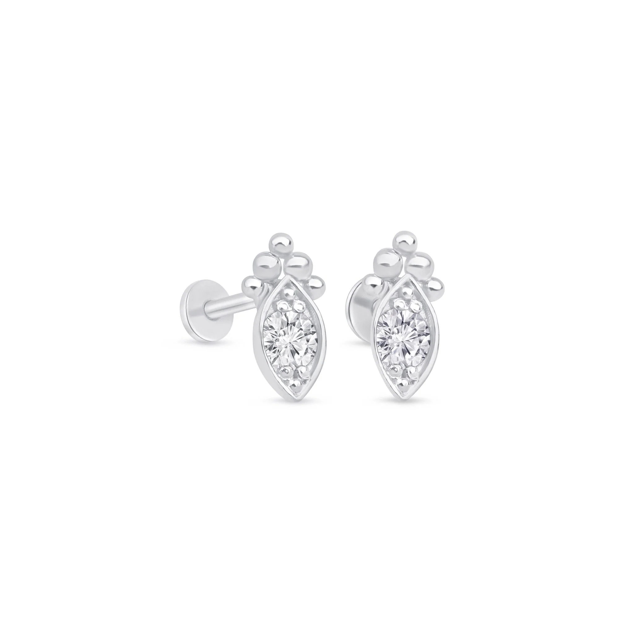 White Gold Beaded Marquise Flat Back Earring - Image 6