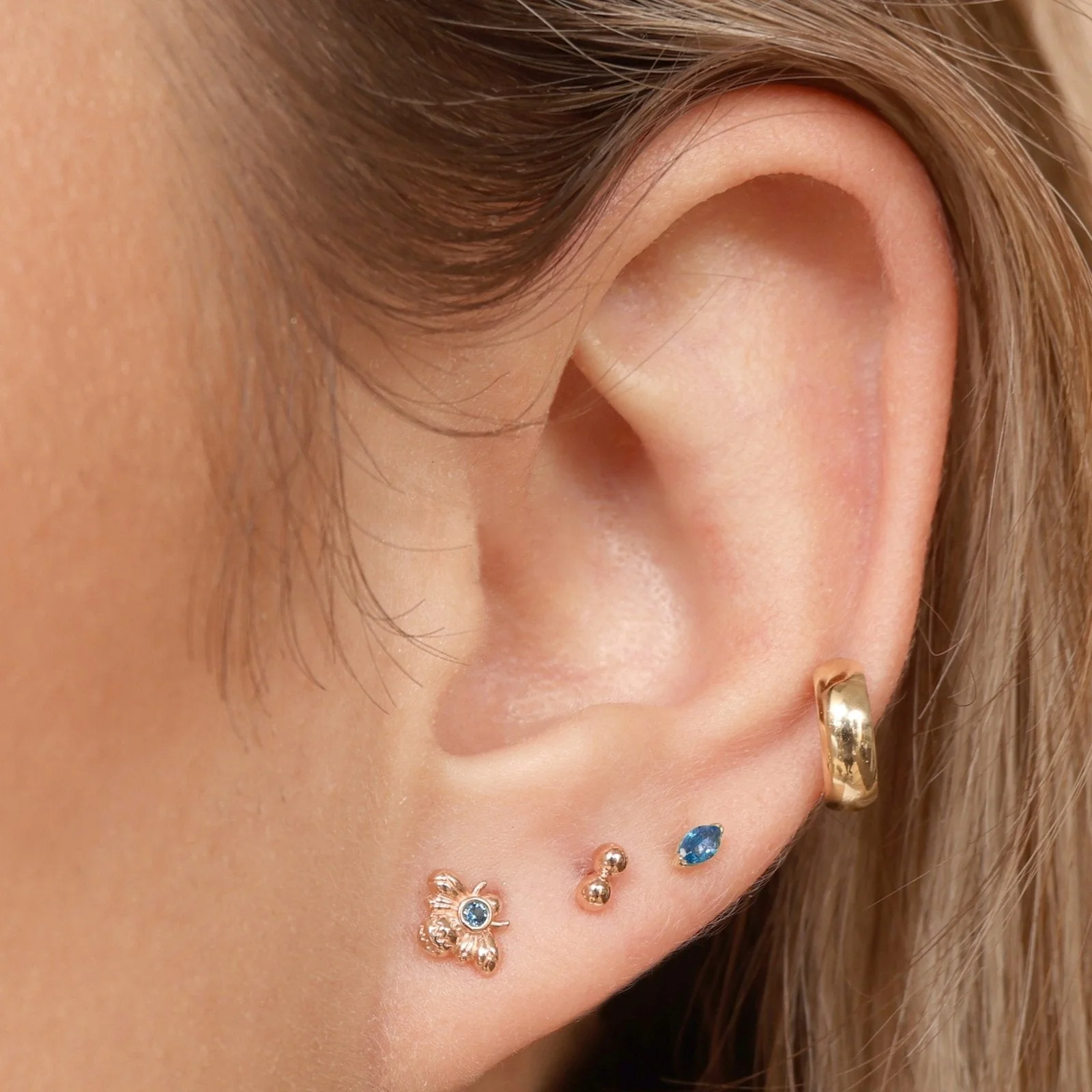 Yellow Gold Marquise Blue Topaz Flat Back Earring - Image 3