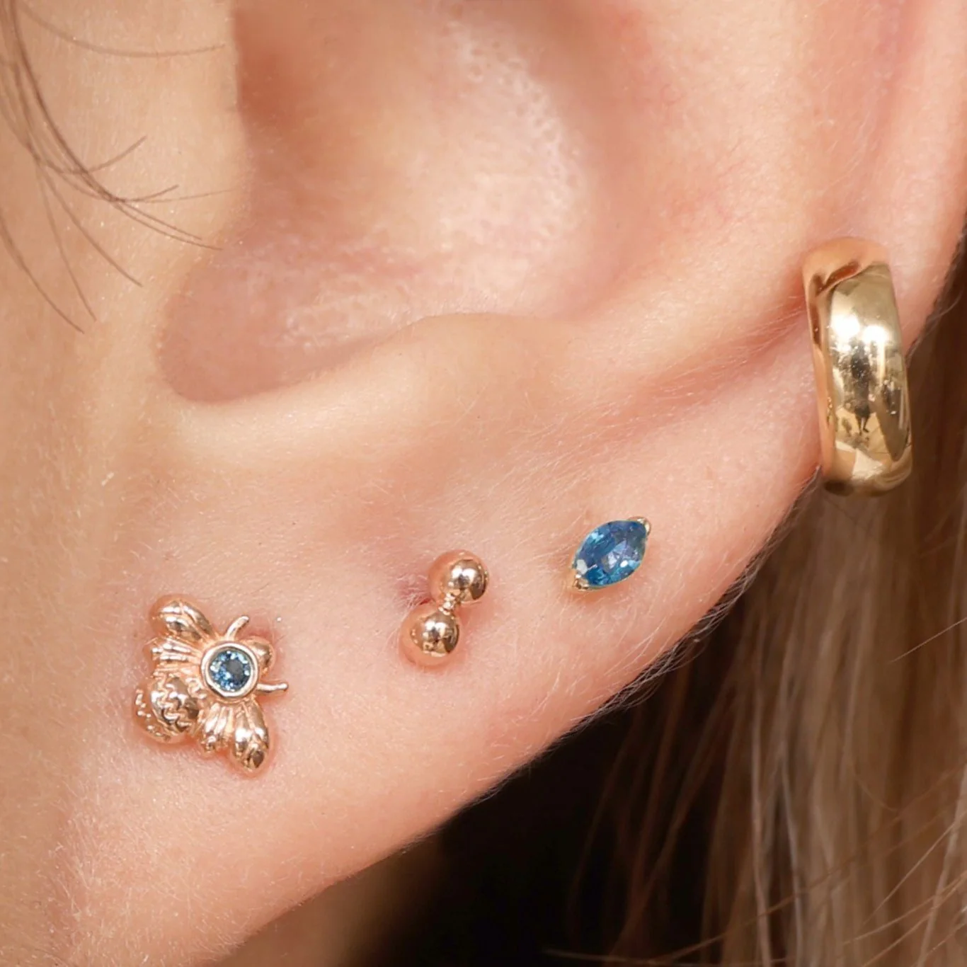 Yellow Gold Marquise Blue Topaz Flat Back Earring - Image 6