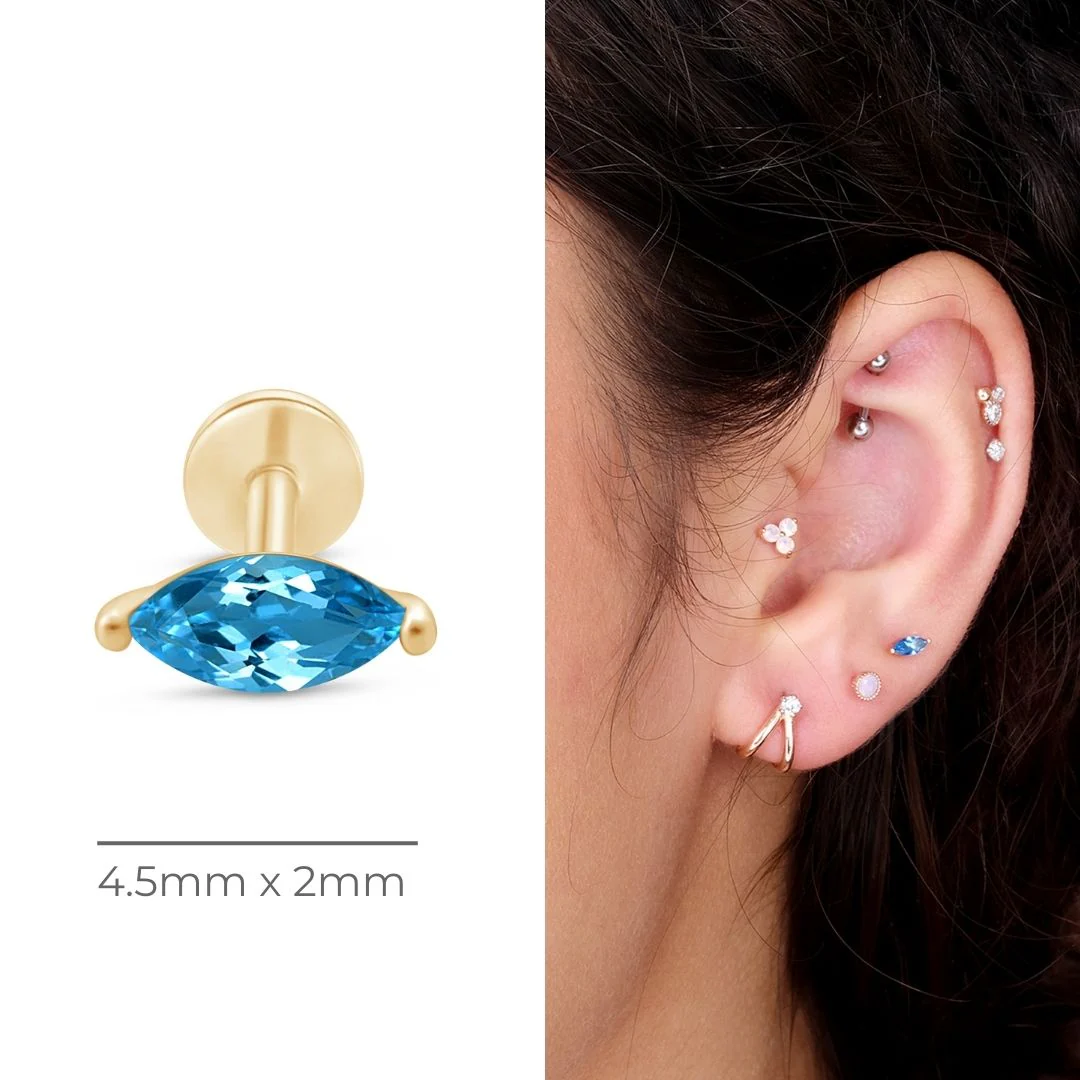 Yellow Gold Marquise Blue Topaz Flat Back Earring - Image 8
