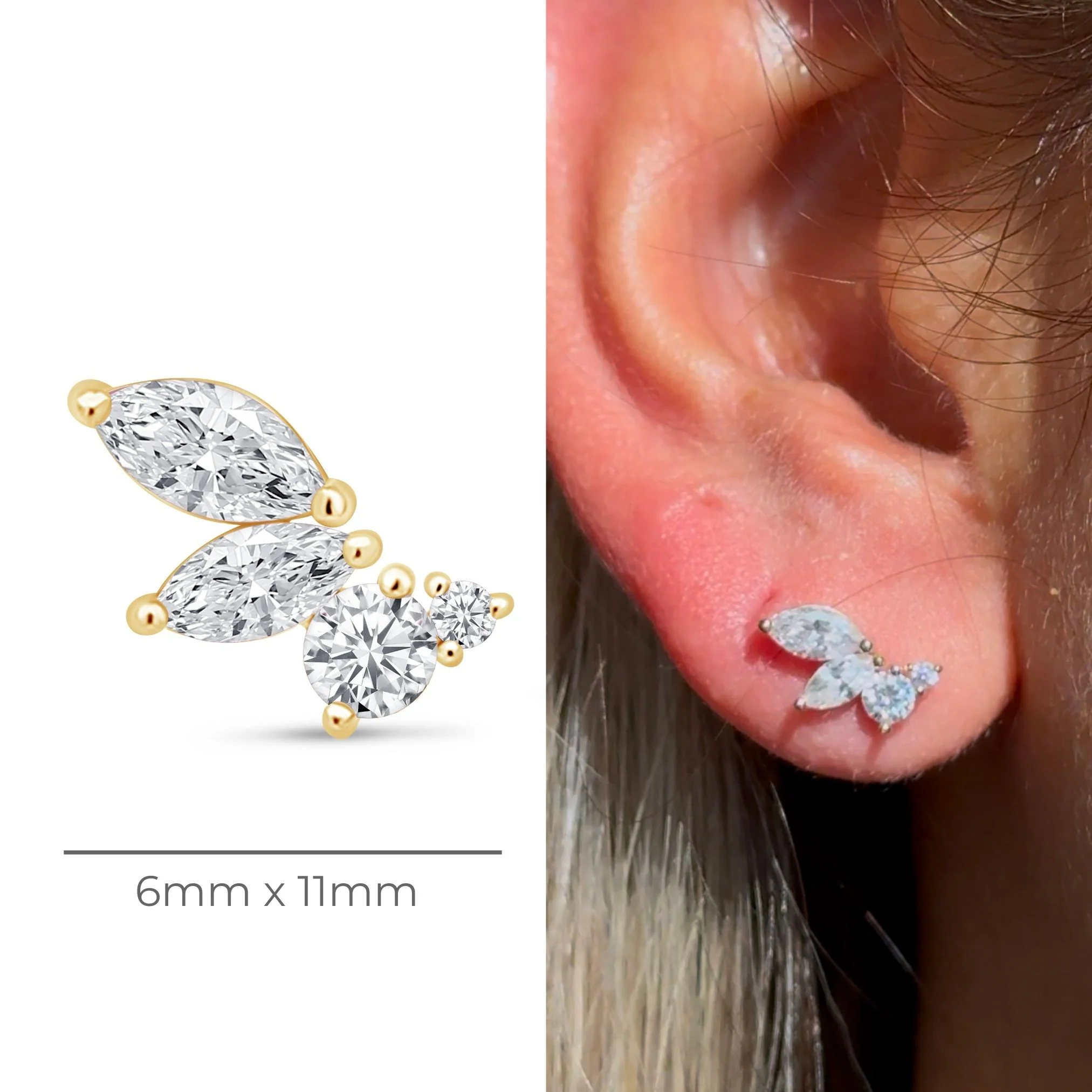 Yellow Gold Marquise Angel Wing Flat Back Earring - Image 8