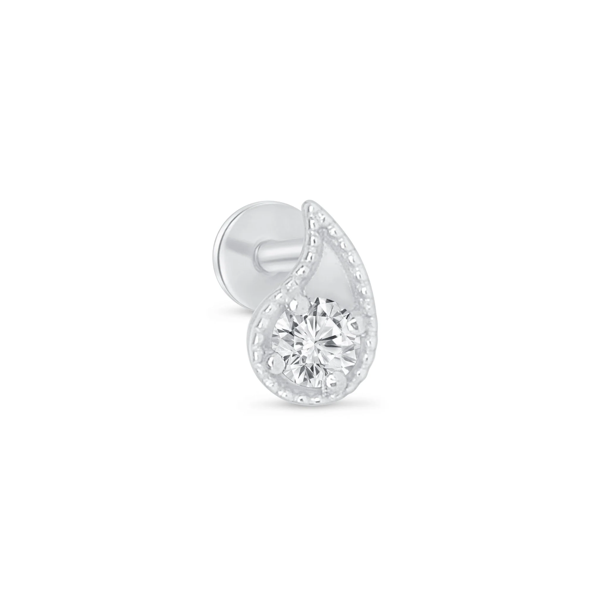 White Gold Diamond Paisley Milgrain Flat Back Earring