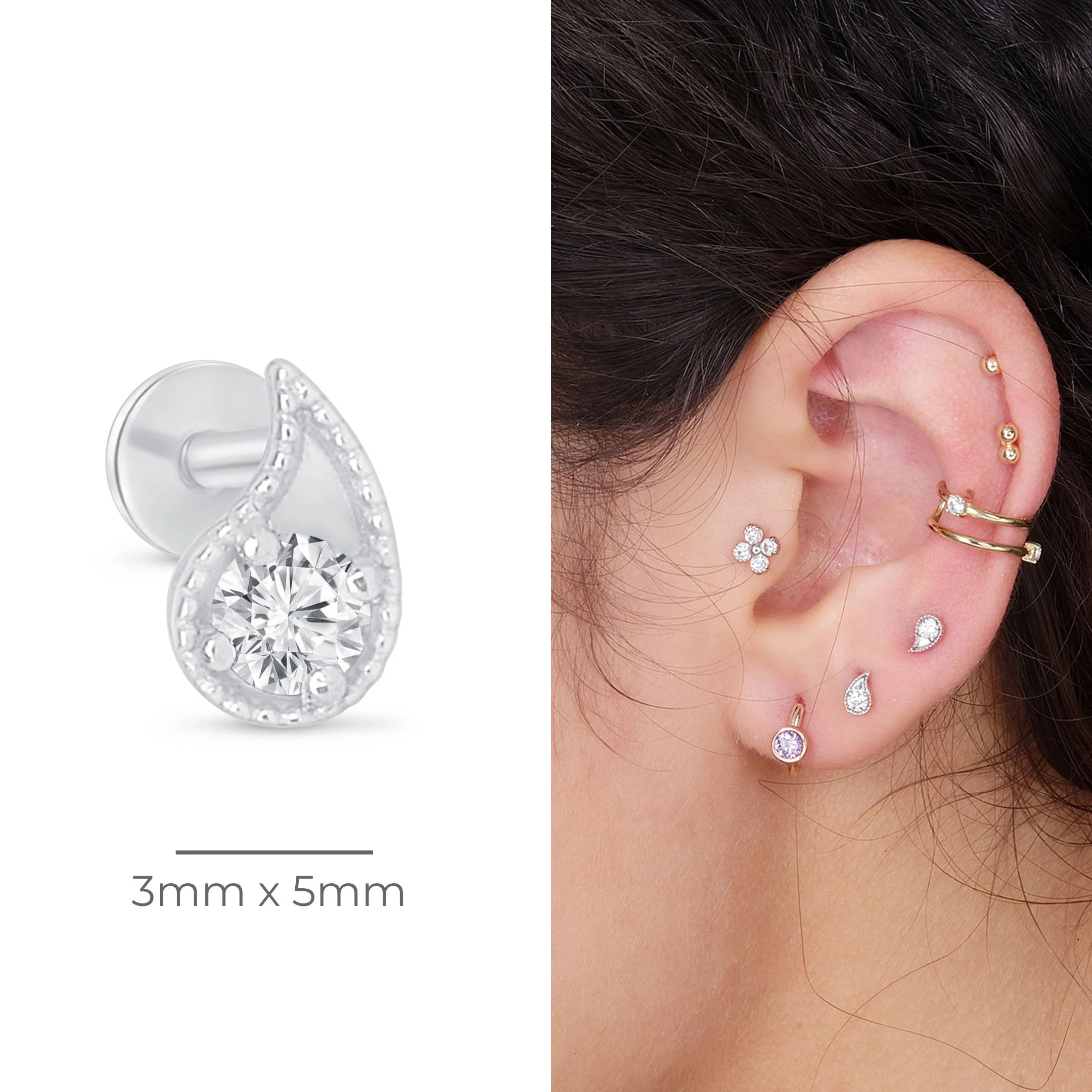 White Gold Diamond Paisley Milgrain Flat Back Earring - Image 9