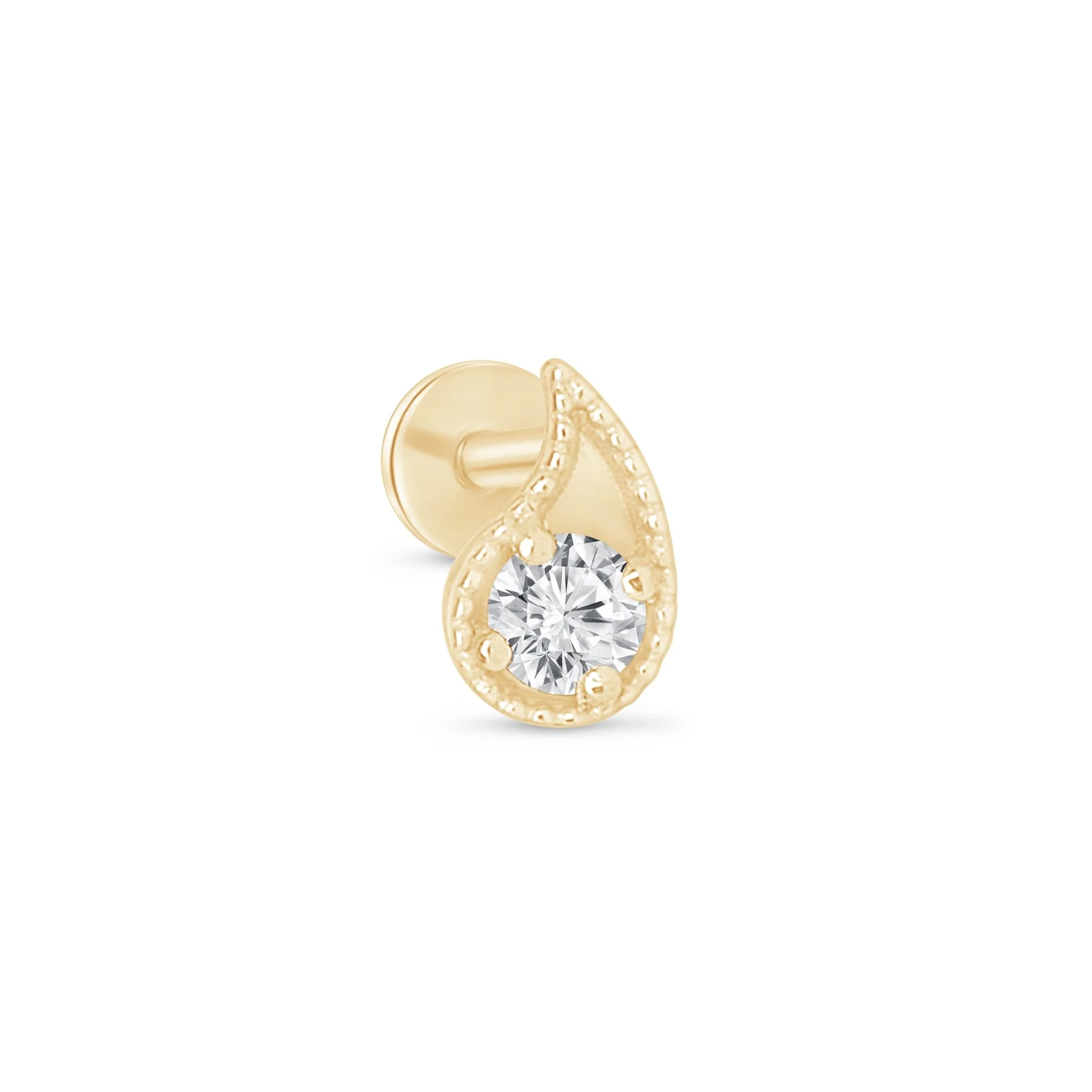 Yellow Gold Diamond Paisley Milgrain Flat Back Earring