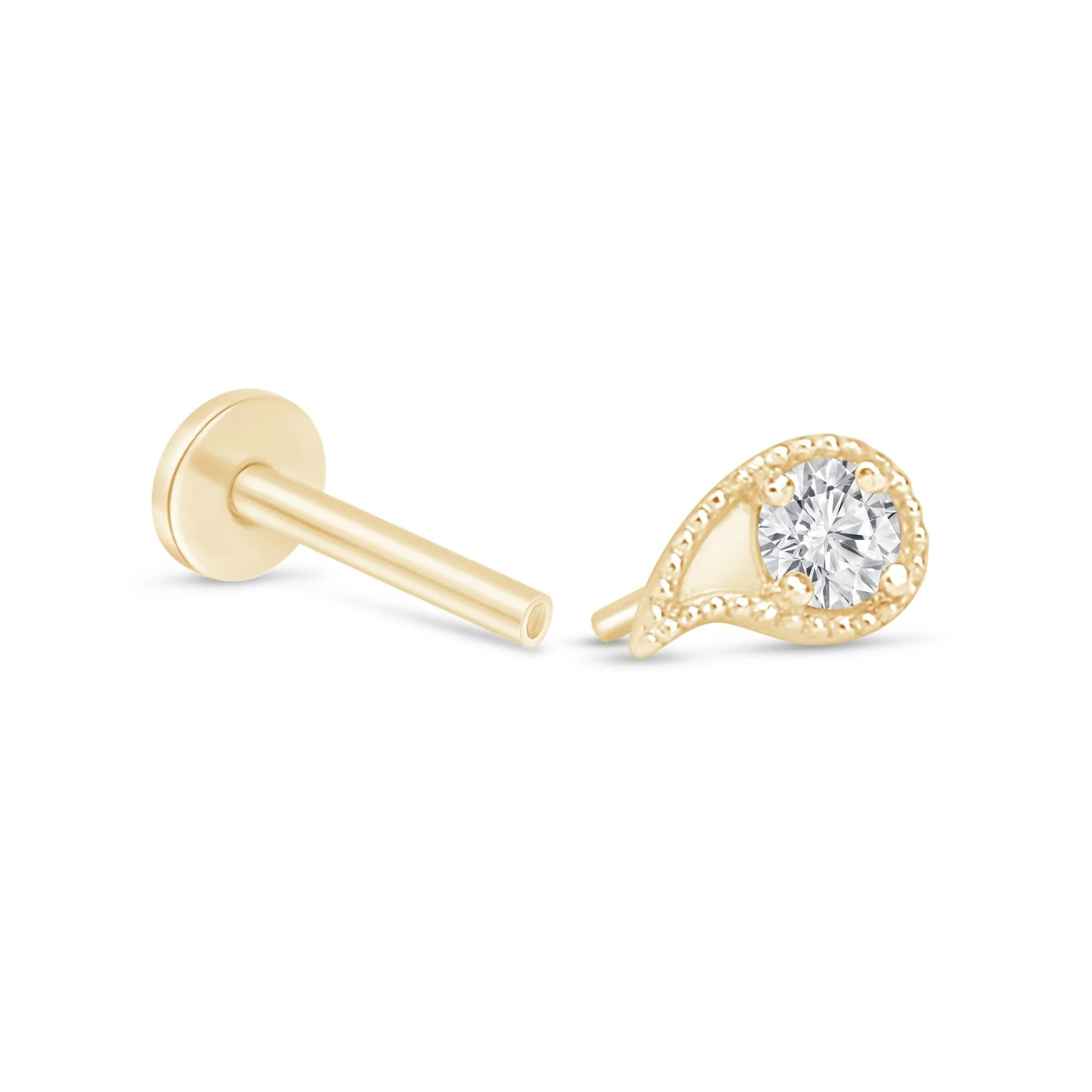 Yellow Gold Diamond Paisley Milgrain Flat Back Earring - Image 7