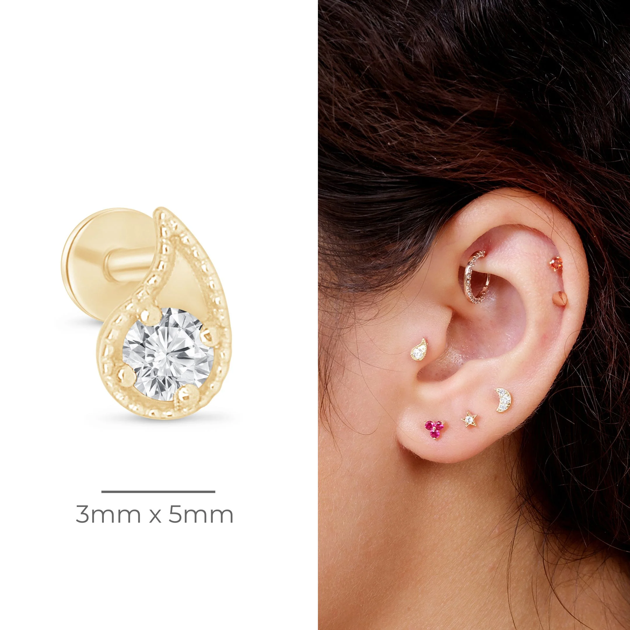 Yellow Gold Diamond Paisley Milgrain Flat Back Earring - Image 9