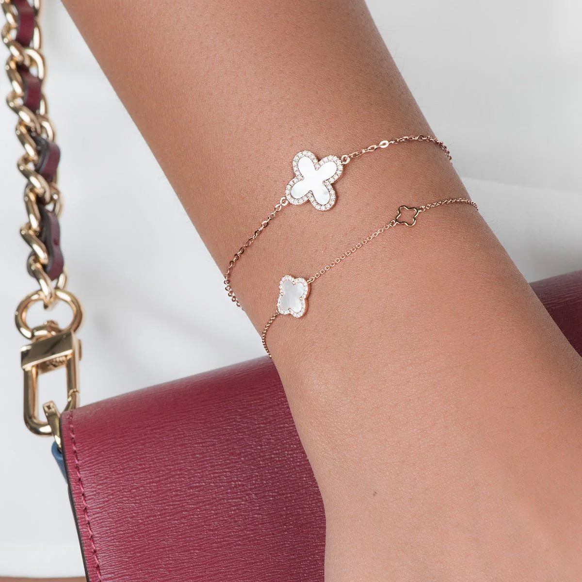 Mini Mother of Pearl and Diamond Halo Clover Station Bracelet in Solid 14k Rose Gold - Image 2