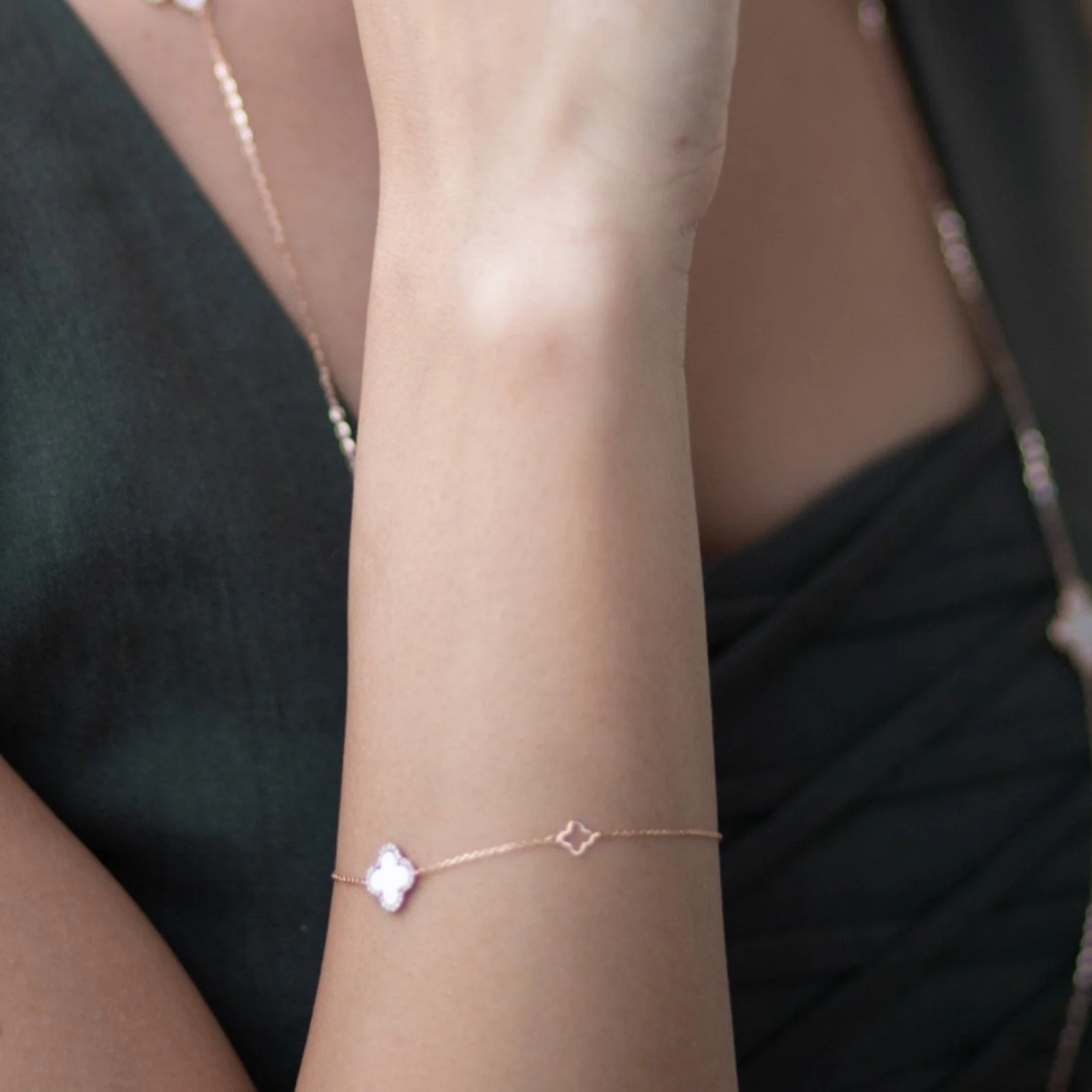 Mini Mother of Pearl and Diamond Halo Clover Station Bracelet in Solid 14k Rose Gold - Image 3