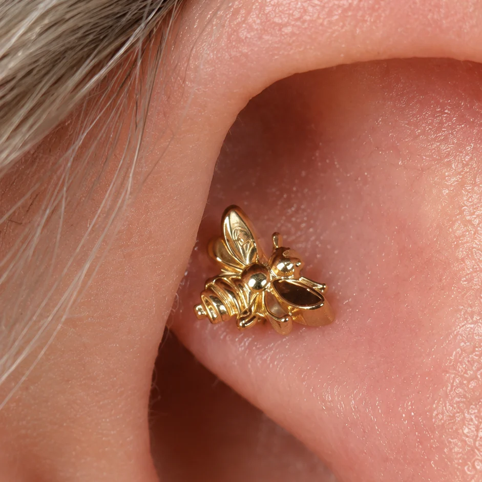 Yellow Gold Bee Flat Back Threaded Stud Earring - Image 6