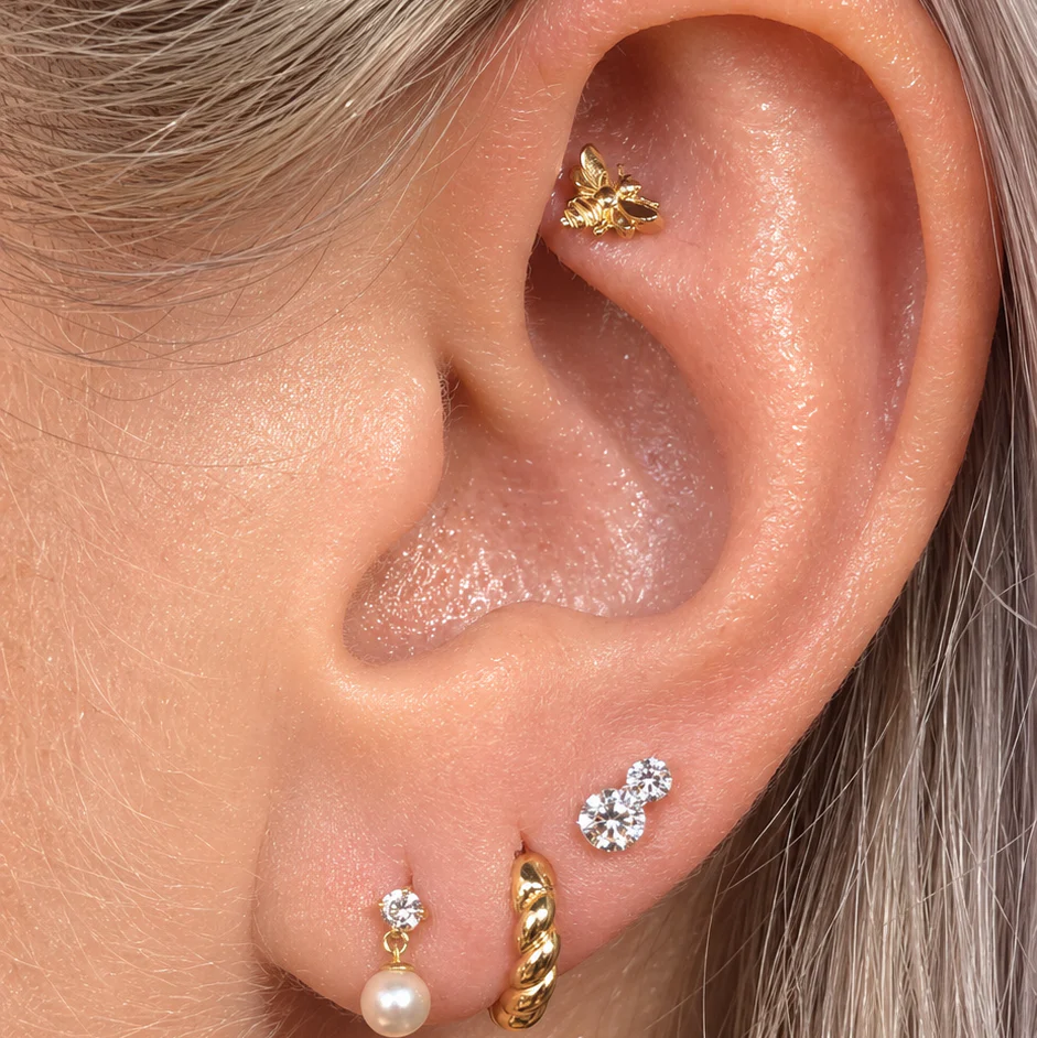 Yellow Gold Bee Flat Back Threaded Stud Earring - Image 8