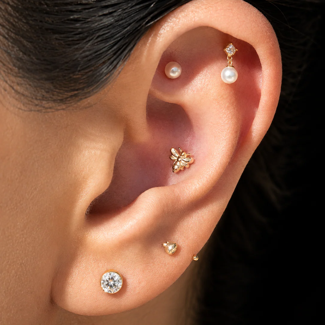 Yellow Gold Bee Flat Back Threaded Stud Earring - Image 9