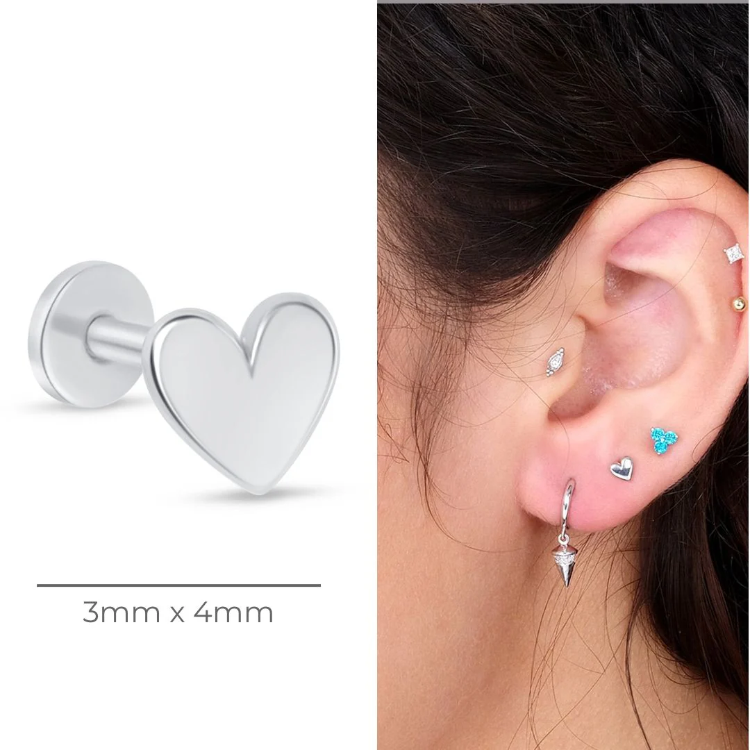 White Gold Heart Threaded Flat Back Stud Earring - Image 5
