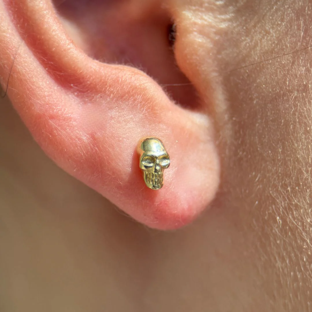 Yellow Gold Minimalist Skull Flat Back Earring - Image 6