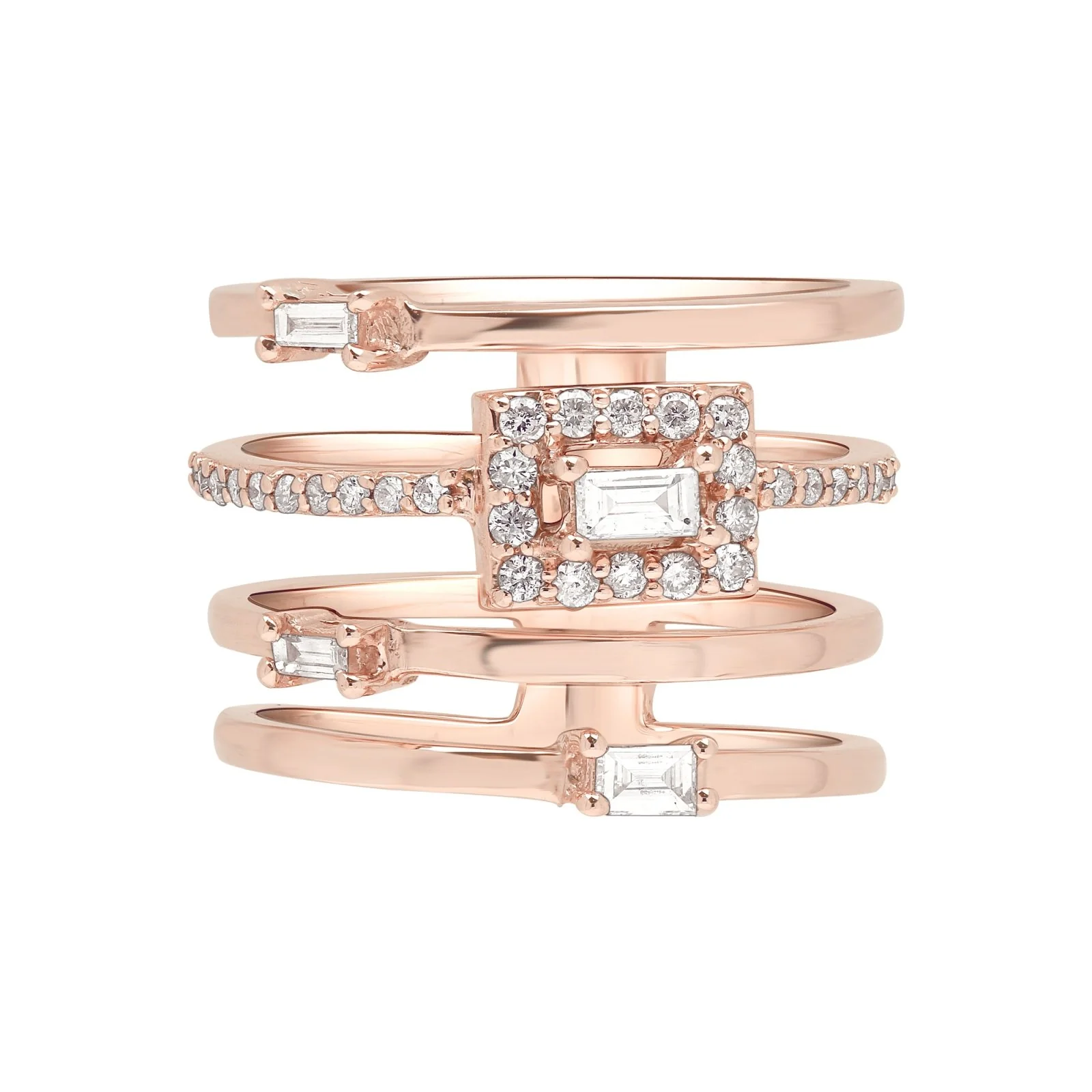 Mixed Cut Diamond Baguette Cocktail Ring in Solid 18k Rose Gold