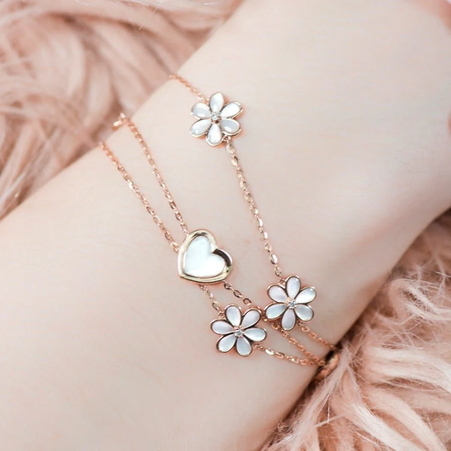 Mother of Pearl and Diamond Center Flower Station Bracelet in Solid 14k Rose Gold - Image 2