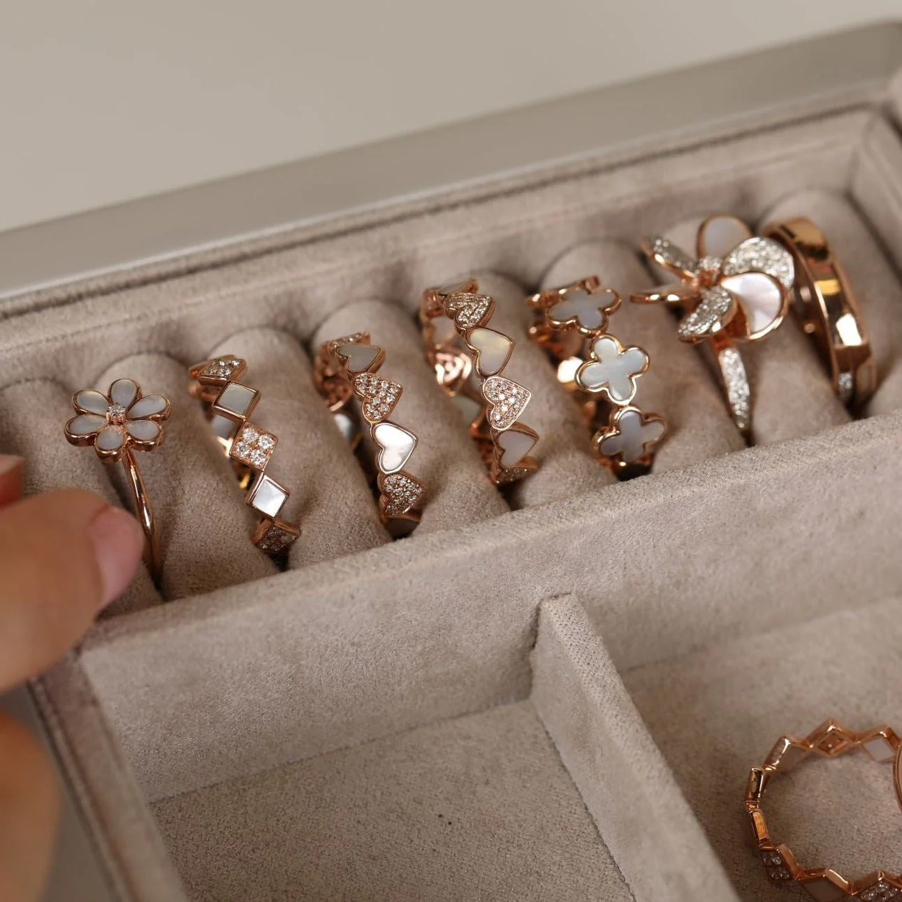 Mother of Pearl Clover with Diamond Halo Ring in Solid 14k Rose Gold - Image 3