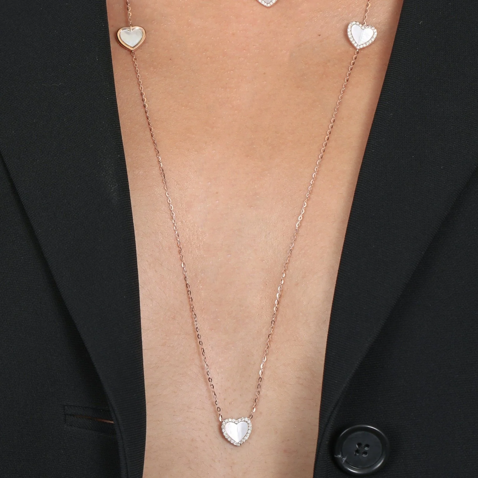 Rose Gold MOP Heart Diamond Station Necklace - Image 5