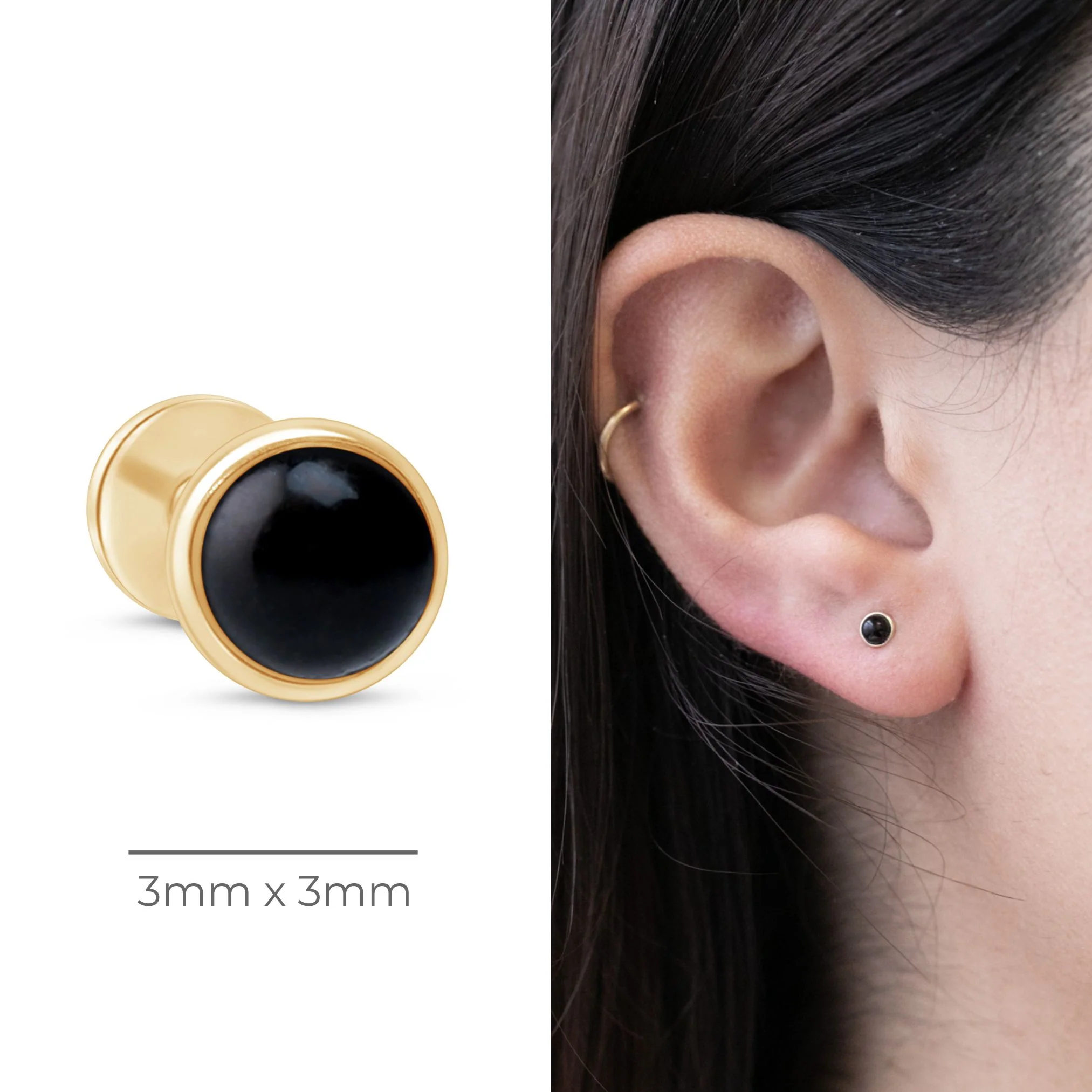 Yellow Gold Round Cabochon Black Onyx Flat Back Studs - Image 4