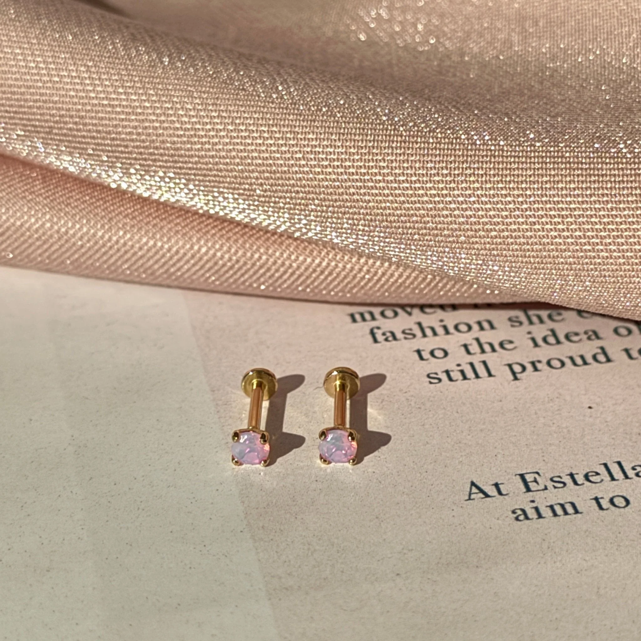 Yellow Gold Pink Opal Flat Back Threaded Stud Earring - Image 3