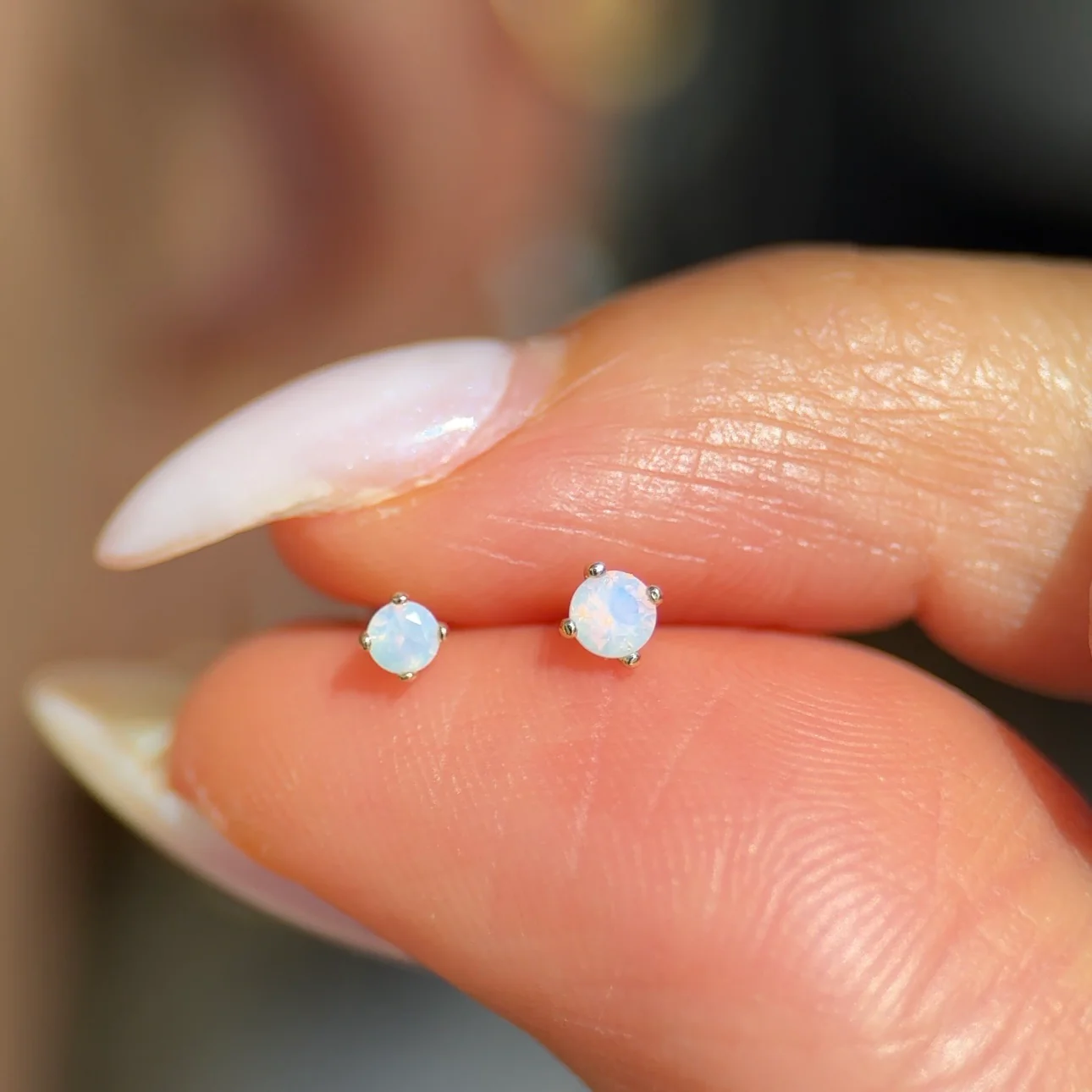 Yellow Gold Pink Opal Flat Back Threaded Stud Earring - Image 4
