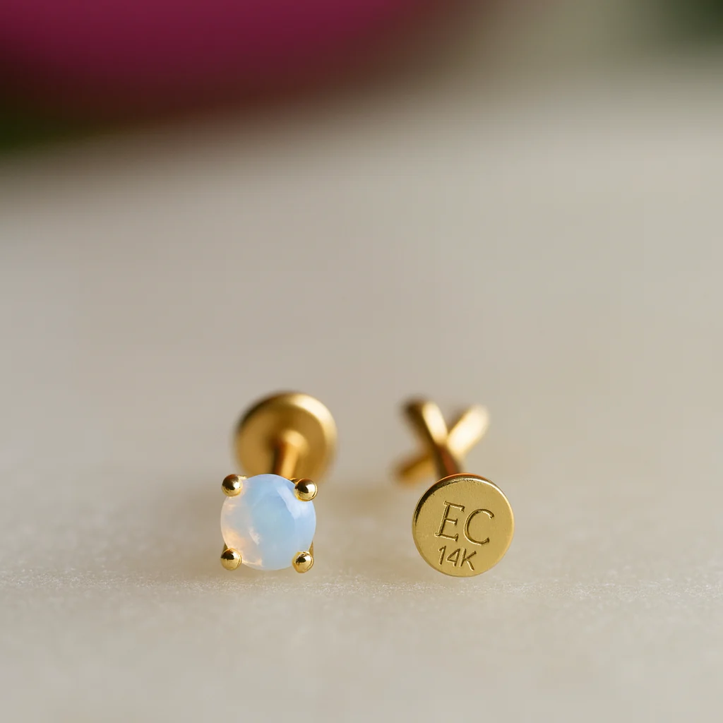 Yellow Gold Pink Opal Flat Back Threaded Stud Earring - Image 5