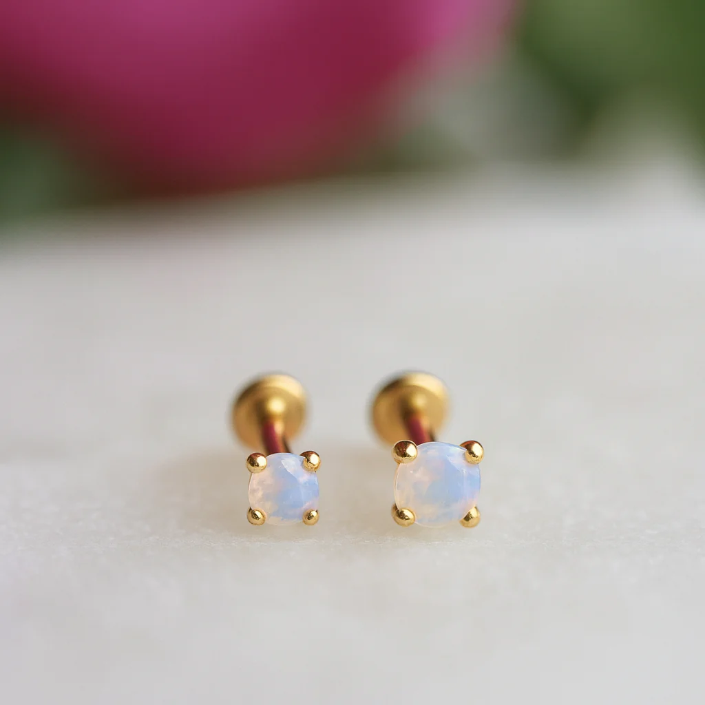 Yellow Gold Pink Opal Flat Back Threaded Stud Earring - Image 6