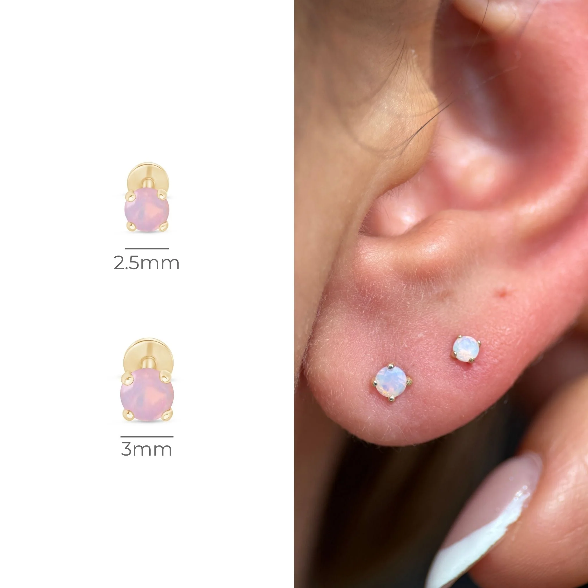 Yellow Gold Pink Opal Flat Back Threaded Stud Earring - Image 9