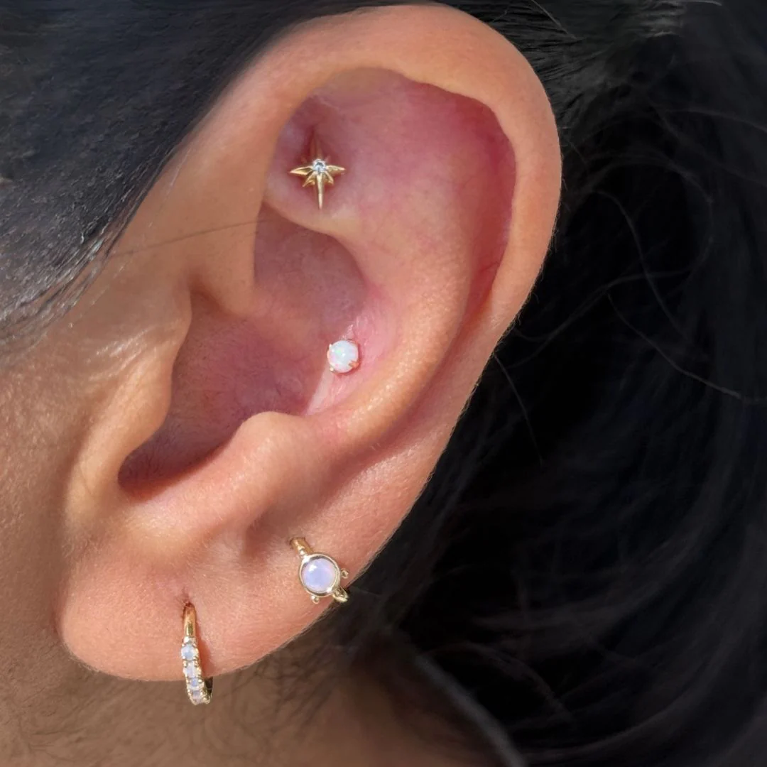 Yellow Gold Opal Pavé Huggie Hoop - Image 8